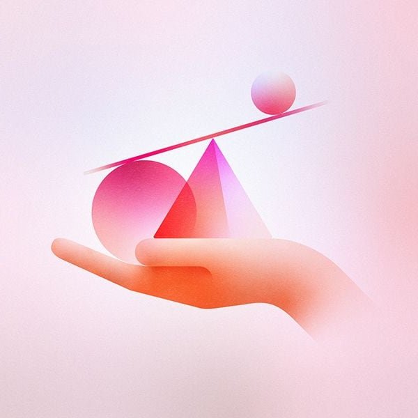 A hand balancing a sphere, a triangle and a circle