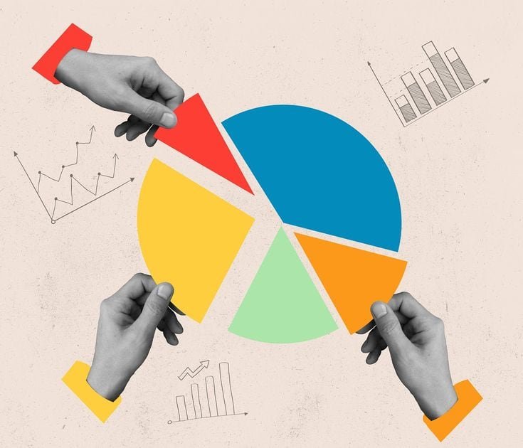 Collage of hands assembling a colourful pie chart